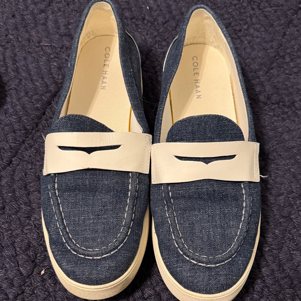 Cole Haan Women's Blue Loafers with White Trim